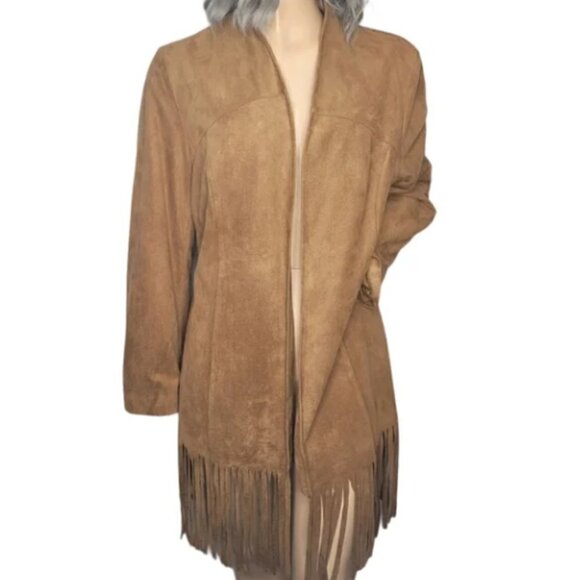 Chicos Size 2 US L Camel Brown Gingersnaps Faux Suede Fringe Open Front Jacket - Picture 6 of 15